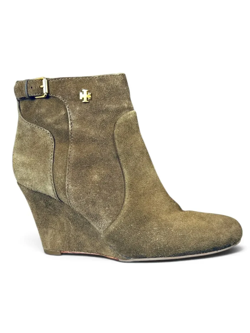 Tory Burch Milan River Rock Suede Wedge Ankle Boots Size 7 Olive Taupe Brown
